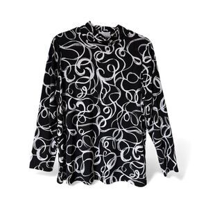 Susan Graver Liquid Knit Turtleneck Top Long Sleeve Black White Swirl Size Large